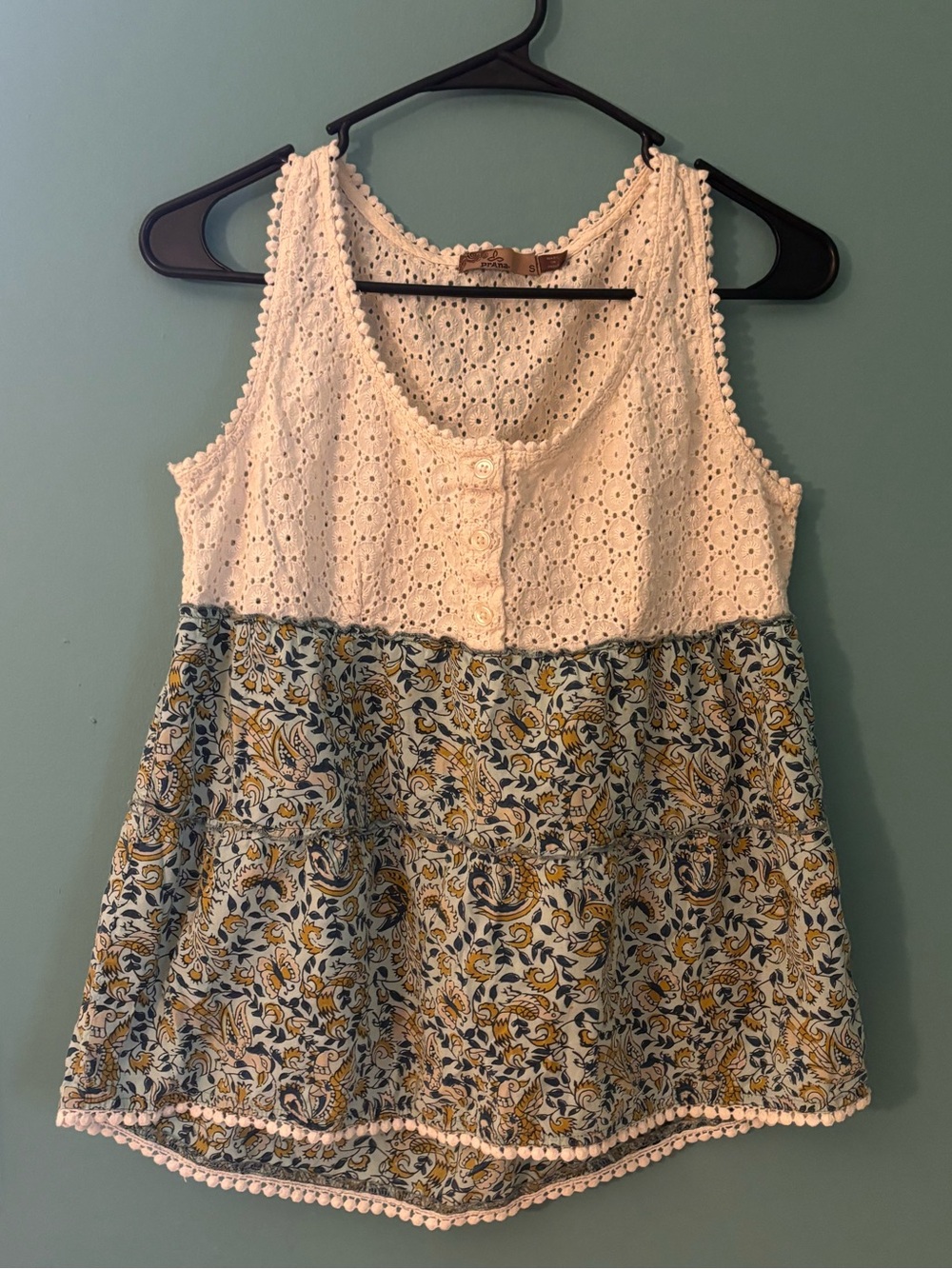 PrAna Effie Lace Crochet Tank Top Boho Floral Blue Cream Size S